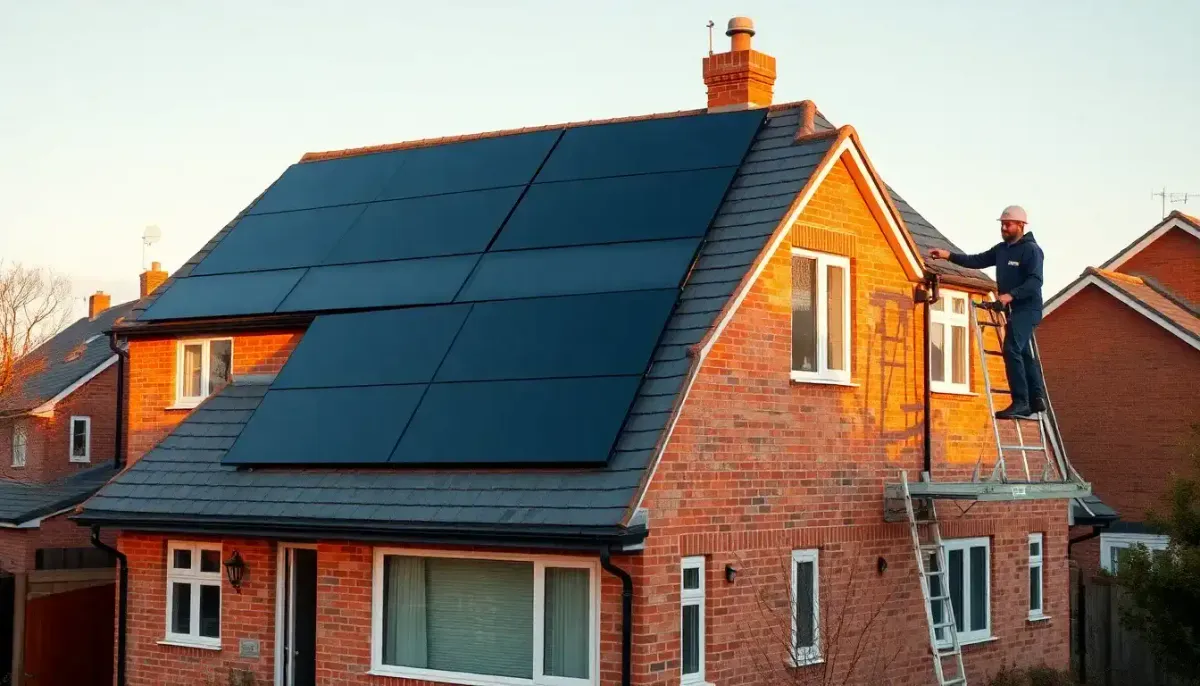 Solar panels being fitted to a British home at golden hour